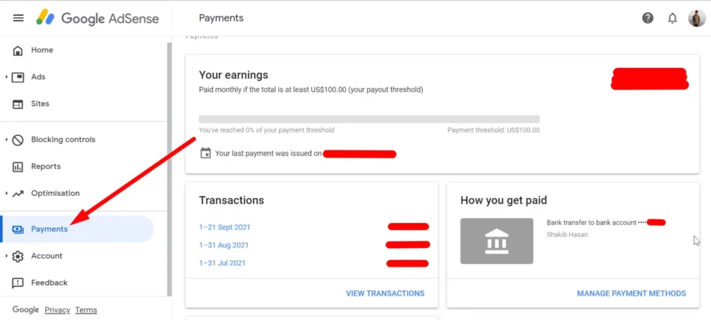 adsense payments option