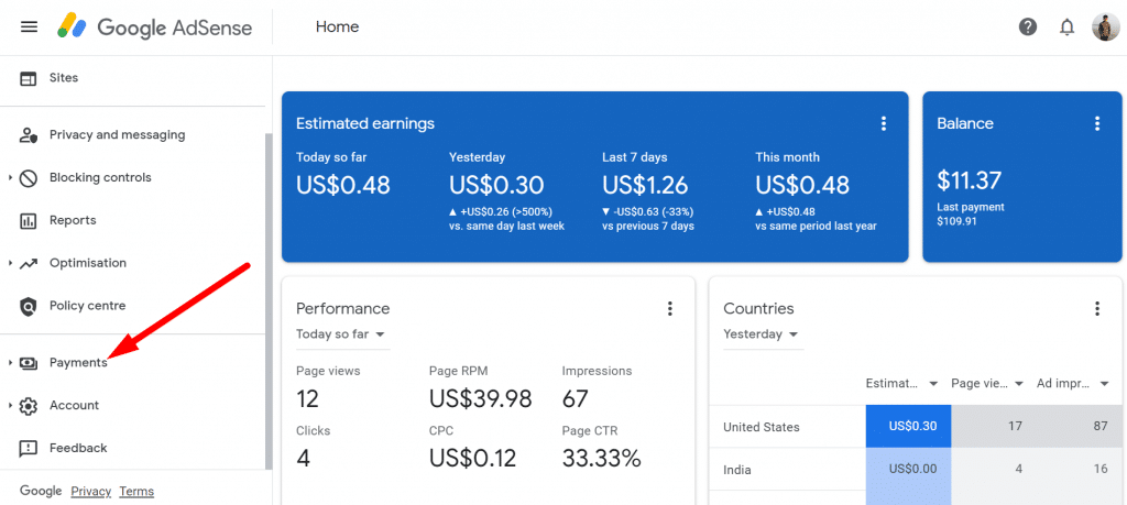 Google Adsense Payment section