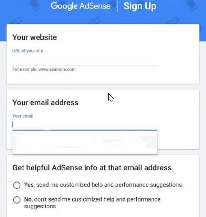 Google AdSense Sign-Up Window